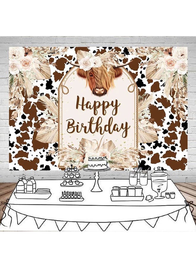 Cows Happy Birthday Backdrop Brown Highland Cattle Pampas Grass Photography Background Boho Farm Cow Birthday Party Decorations Cake Table Photo Booth Props (7x5ft)
