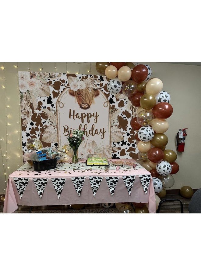 Cows Happy Birthday Backdrop Brown Highland Cattle Pampas Grass Photography Background Boho Farm Cow Birthday Party Decorations Cake Table Photo Booth Props (7x5ft)