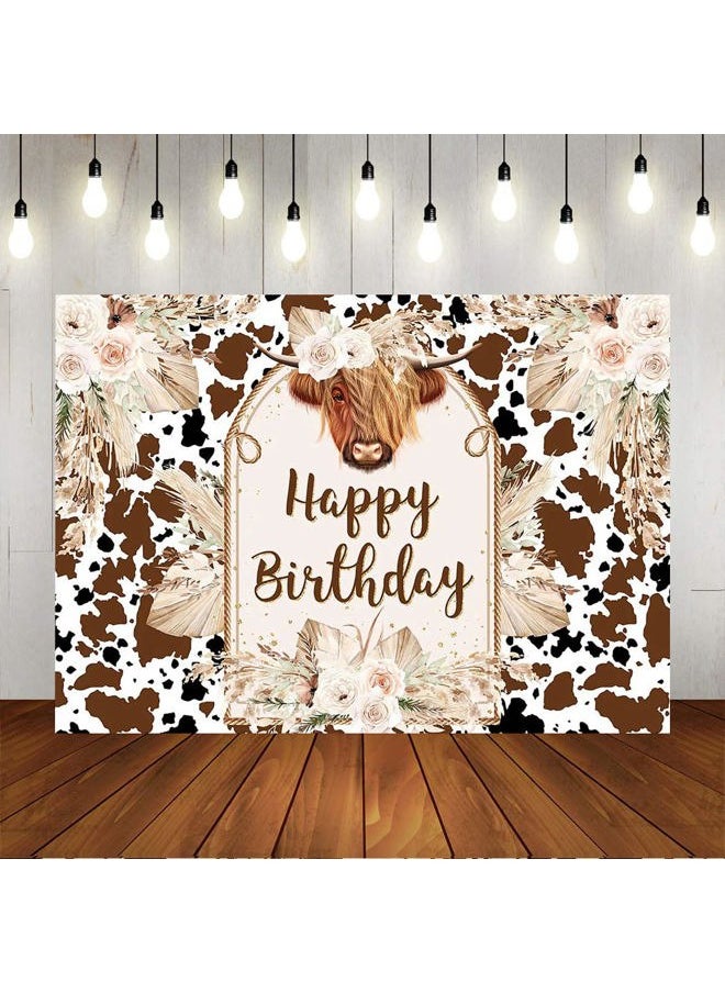 Cows Happy Birthday Backdrop Brown Highland Cattle Pampas Grass Photography Background Boho Farm Cow Birthday Party Decorations Cake Table Photo Booth Props (7x5ft)