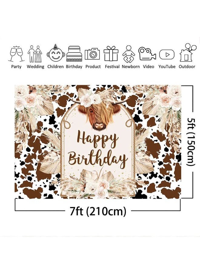 Cows Happy Birthday Backdrop Brown Highland Cattle Pampas Grass Photography Background Boho Farm Cow Birthday Party Decorations Cake Table Photo Booth Props (7x5ft)