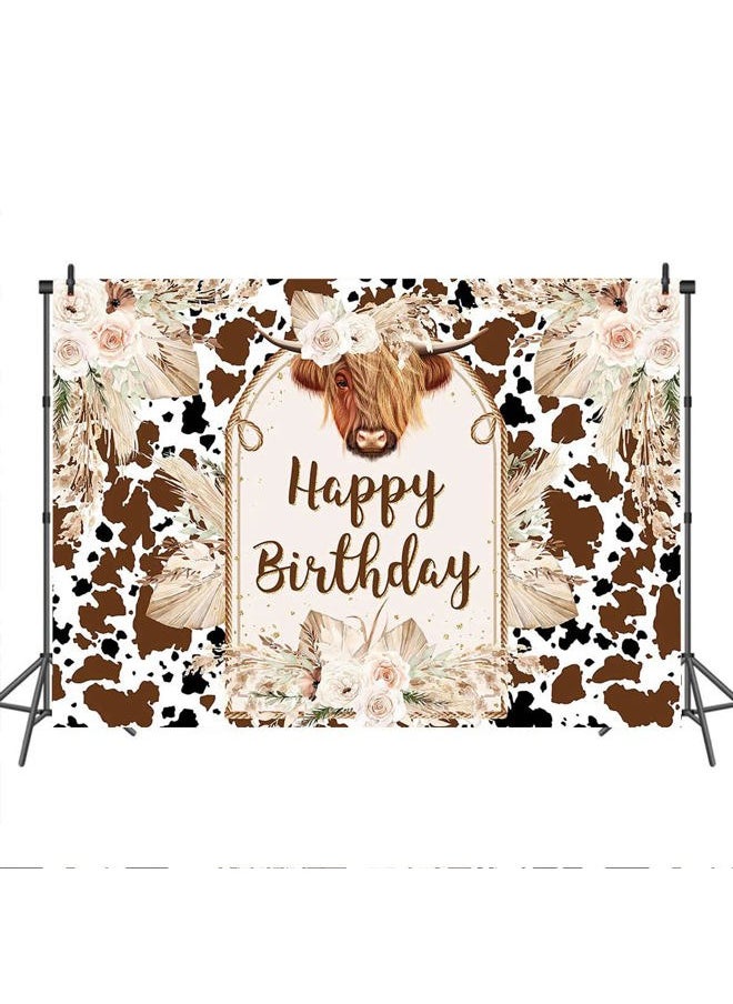 Cows Happy Birthday Backdrop Brown Highland Cattle Pampas Grass Photography Background Boho Farm Cow Birthday Party Decorations Cake Table Photo Booth Props (7x5ft)