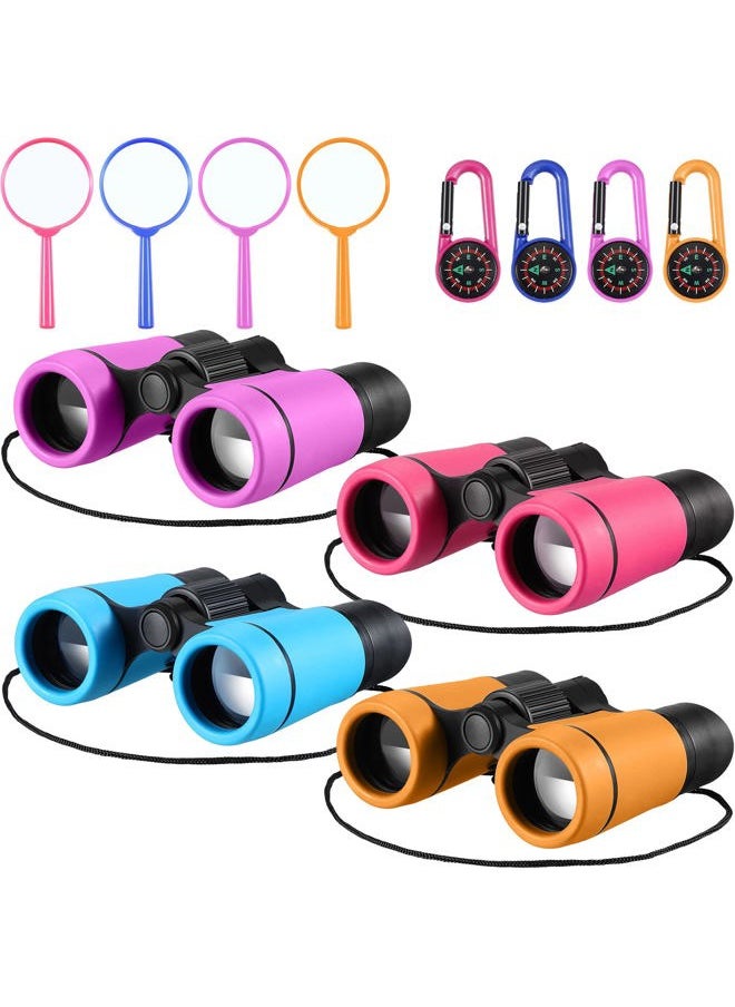 4 Set Kids Binoculars Children Colorful Real Binoculars Set Shockproof High Resolution Binoculars with Magnifying Glass and Compass for Bird Watching Hunting Hiking Outdoor Exploring (Bright Color)
