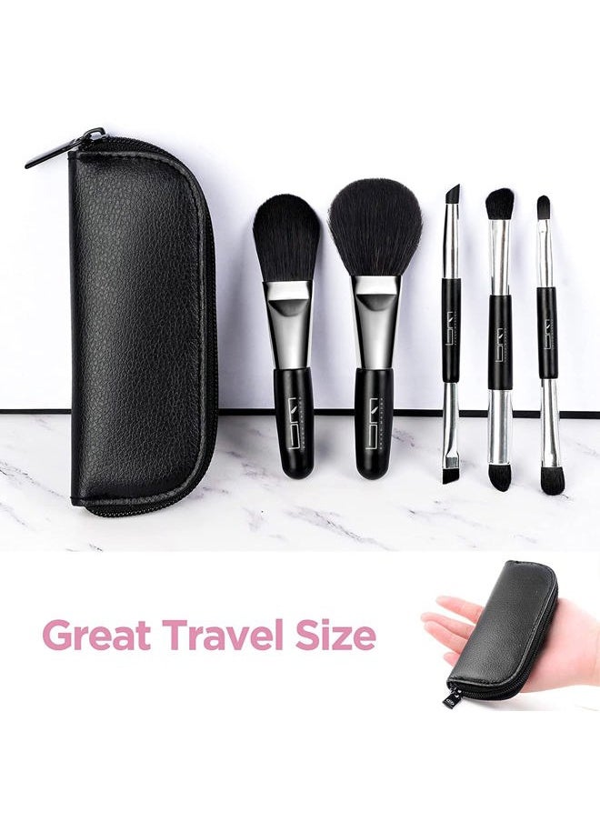 Travel Makeup Brushes Set w/Pouch, 5PCS Double Ended Portable Mini Cosmetic Brushes Kit for Foundation, Eyeshadow, Lip, Blush Make Up Brushes Professional(Black)