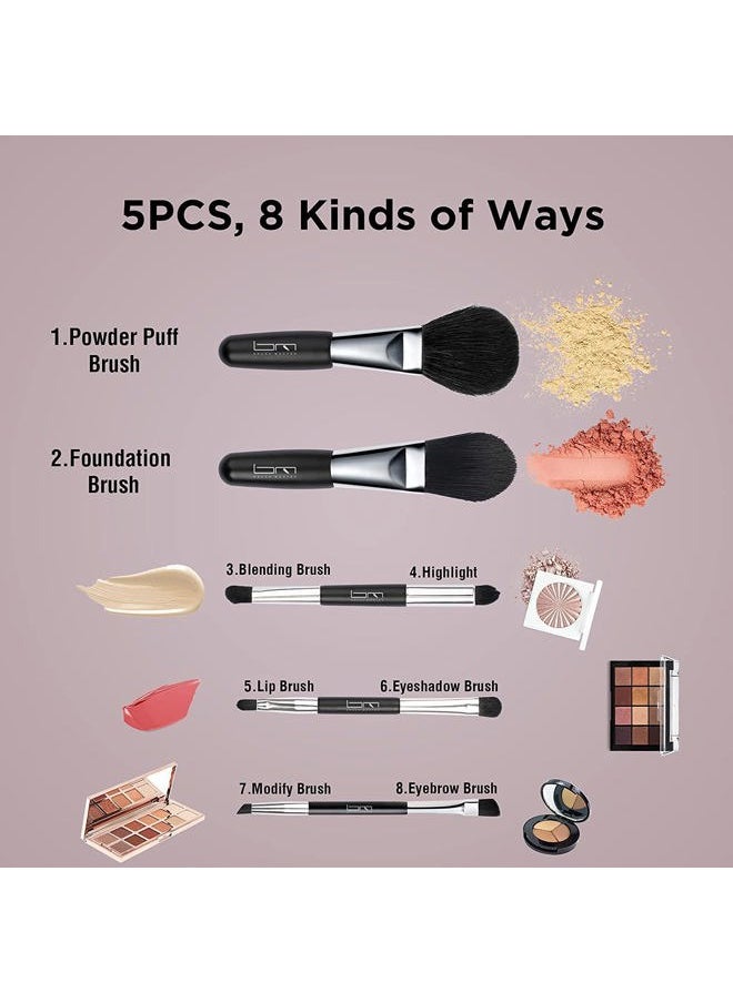 Travel Makeup Brushes Set w/Pouch, 5PCS Double Ended Portable Mini Cosmetic Brushes Kit for Foundation, Eyeshadow, Lip, Blush Make Up Brushes Professional(Black)