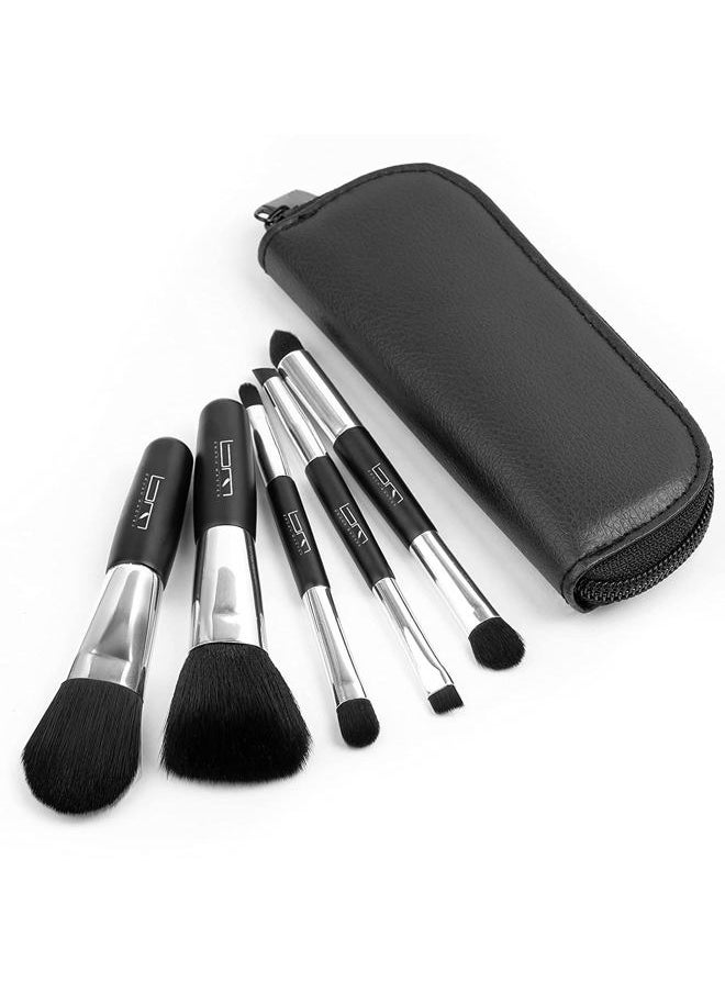 Travel Makeup Brushes Set w/Pouch, 5PCS Double Ended Portable Mini Cosmetic Brushes Kit for Foundation, Eyeshadow, Lip, Blush Make Up Brushes Professional(Black)