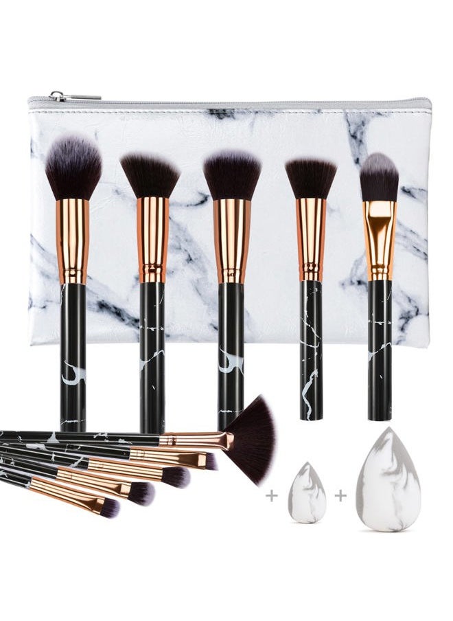 Makeup Brushes Professional Marble Makeup Brush Set, Soft and Odor-free Natural Synthetic Bristles,10pcs Makeup Brush + 2 Makeup Sponge + Cosmetics Bag (Black)
