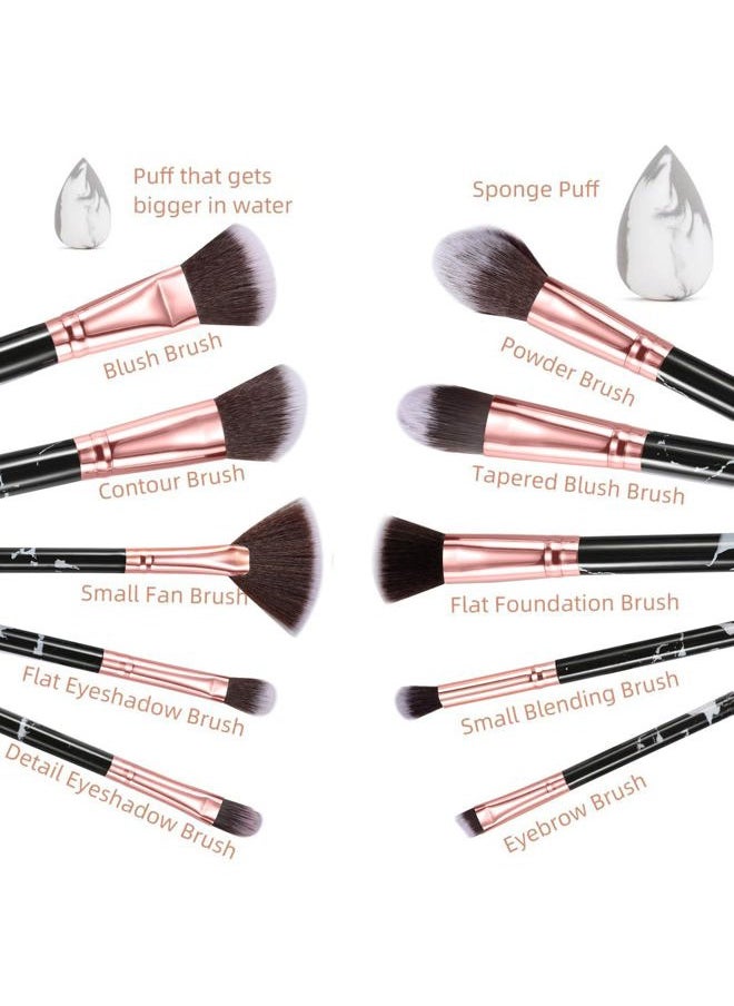 Makeup Brushes Professional Marble Makeup Brush Set, Soft and Odor-free Natural Synthetic Bristles,10pcs Makeup Brush + 2 Makeup Sponge + Cosmetics Bag (Black)