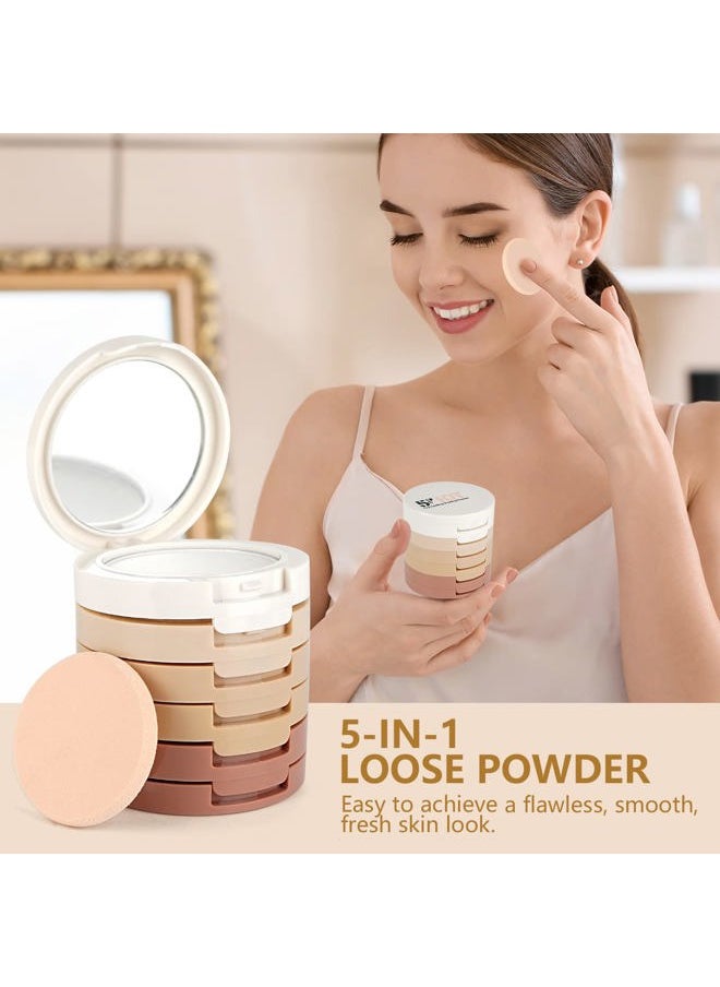 5 Colors Long-Lasting Lightweight Multi-layer Matte Loose Setting Powder Pressed Face Makeup Concealing Shading Powder Foundation for All Skin Tones, Minimizes Fine Lines & Imperfections