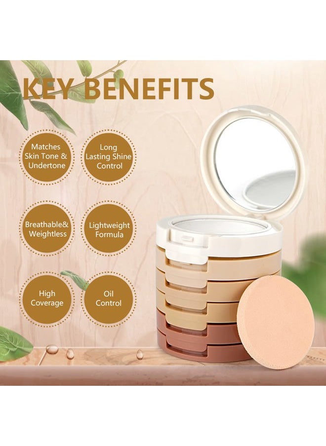 5 Colors Long-Lasting Lightweight Multi-layer Matte Loose Setting Powder Pressed Face Makeup Concealing Shading Powder Foundation for All Skin Tones, Minimizes Fine Lines & Imperfections