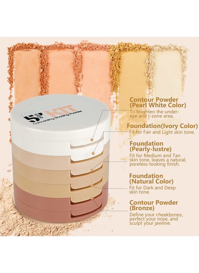 5 Colors Long-Lasting Lightweight Multi-layer Matte Loose Setting Powder Pressed Face Makeup Concealing Shading Powder Foundation for All Skin Tones, Minimizes Fine Lines & Imperfections