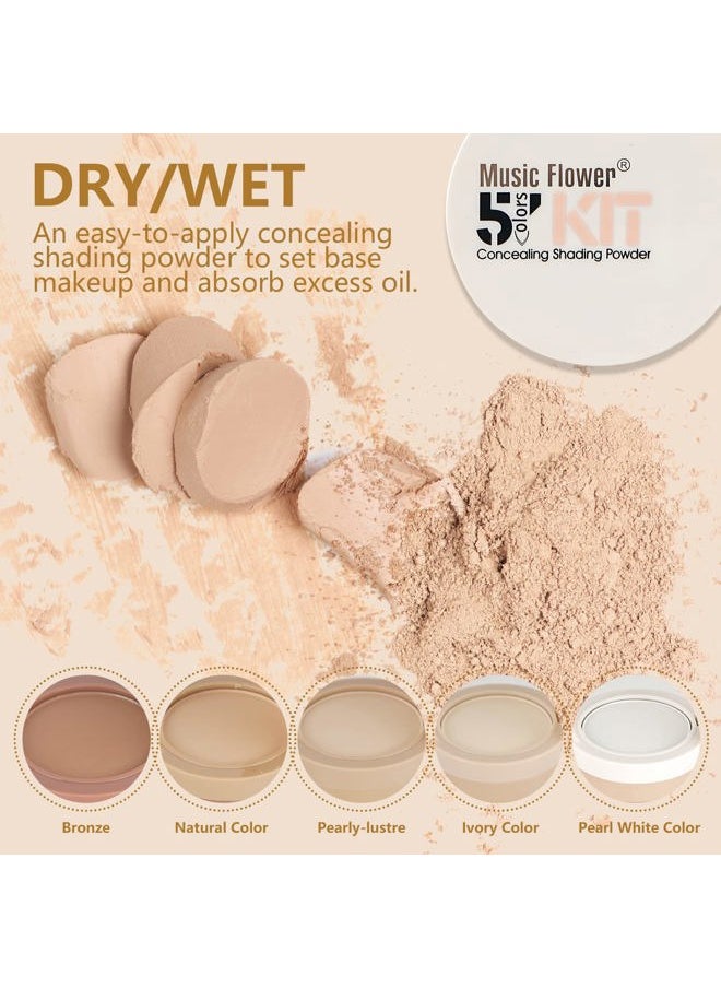 5 Colors Long-Lasting Lightweight Multi-layer Matte Loose Setting Powder Pressed Face Makeup Concealing Shading Powder Foundation for All Skin Tones, Minimizes Fine Lines & Imperfections