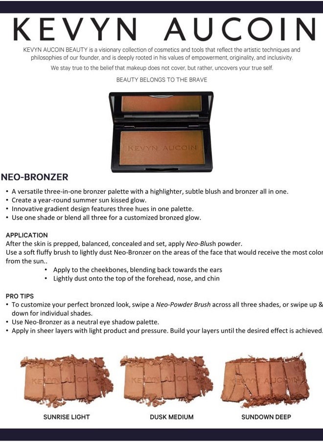The Neo-Bronzer, Dusk Medium: 3 in 1 makeup palette. Highlighter, blush & bronzer in one smooth gradient makeup compact. Shimmer & matte in light, medium & deep. Sun-kissed to bronzed.