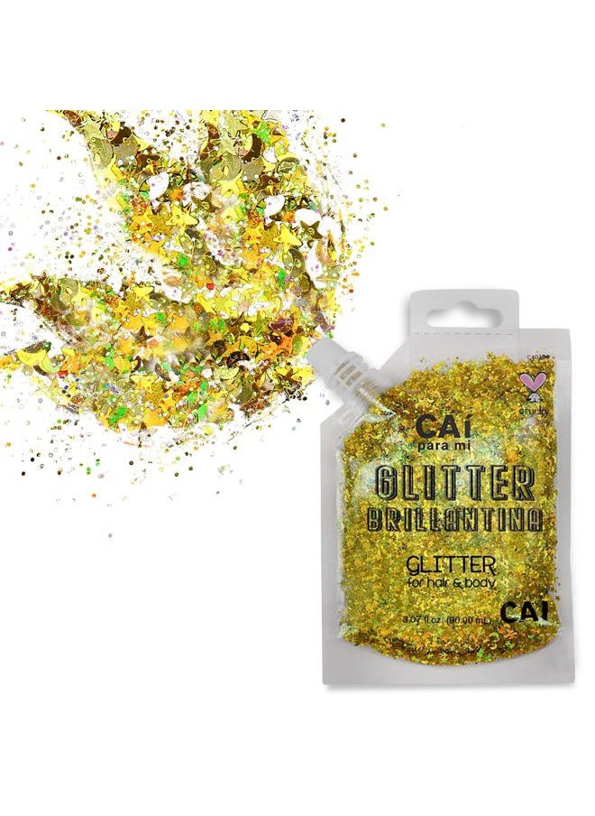 Body Glitter Gel- Face, Body & Hair (1 Pk Gold) Chunky Iridescent Holograph Stars & Moon, 3 oz | Cosmetic-Grade Makeup, Apply Without Glue, Easy to Take Off & Keep Skin Clean - for Concerts, Raves