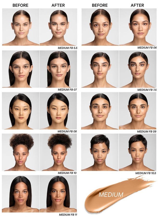 Foundation Balm, FB 10 (Medium) shade + brush: Light diffusing. Full coverage, buildable, blends, blurs, corrects, evens out complexion, and hydrates. All skin types. Makeup artist go to.