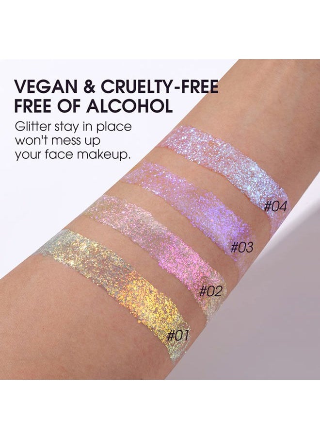 Holographic Body Glitter Gel 4 Colors Long Lasting Chunky Glitter Gel Color Changing Glitter Gel Under Light for Body Face Hair Makeup (Colors L03)