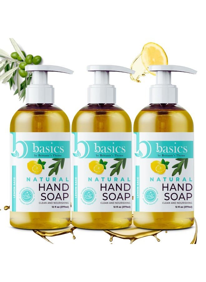 Basics Natural Olive Oil Hand Soap, Lemon Sage - 12 fl oz, Pack of 3 - Cruelty Free, Vegan, No Synthetic Additives, No Sulfates, Paraben Free, Phthalate Free