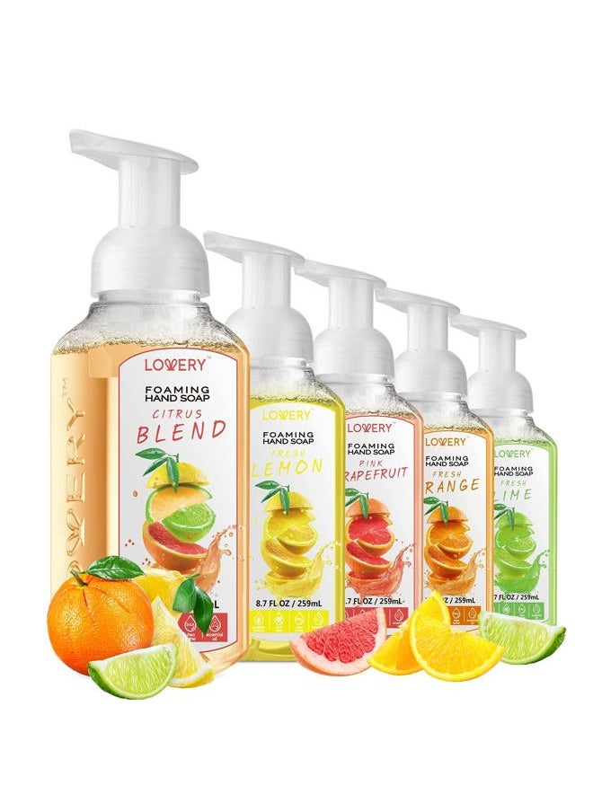 Foaming Hand Soap - Pack of 5 - Moisturizing Hand Soap with Aloe Vera & Essential Oils - Alcohol-Free Hand Wash in Citrus Blend, Lemon, Orange, Lime, Pink Grapefruit Fragrances for Kitchen & Bathroom