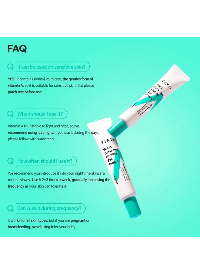 TIAM Vita A Bakuchiol Firming Eye Cream, 1.01 fl oz, Retinol Alternative Anti-Aging Eye Cream for for Wrinkles, Dark Circles, and Puffiness, Fragrance-Free Under-Eye Cream, Korean Skin Care