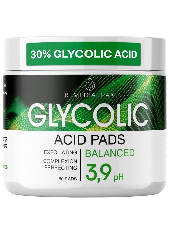 Glycolic Acid Resurfacing Pads 30% for Face and Body - Exfoliating Facial Peel-Vitamins B5 C E, Green Tea - Glycolic Acid Face Wash – 60 Pre-Moistened Cotton Pads for Cleansing, Peeling