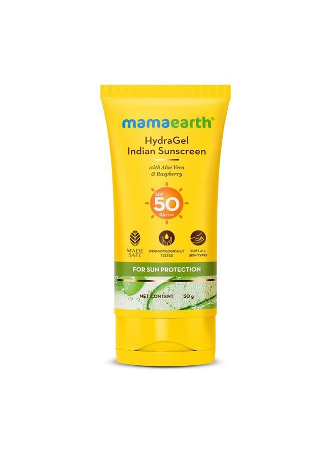 Mamaearth HydraGel Sunscreen | SPF 50 & PA++++ Sun Protection | Helps Fight UVA & UVB Rays with Aloe Vera & Raspberry | Hydrating & Lightweight Gel Based Lotion | 1.69 Fl Oz (50ml)