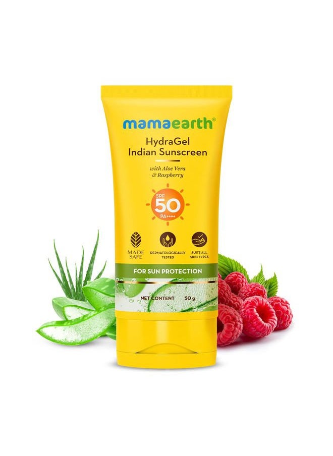 Mamaearth HydraGel Sunscreen | SPF 50 & PA++++ Sun Protection | Helps Fight UVA & UVB Rays with Aloe Vera & Raspberry | Hydrating & Lightweight Gel Based Lotion | 1.69 Fl Oz (50ml)