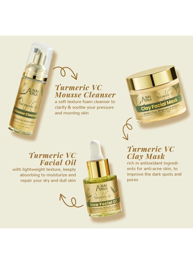 Turmeric Facial Skincare Set, Women's Day Gifts for Women, Turmeric & Vitamin C Clay Mask for Dark Spot, Moisturizing Facial Oil, Turmeric Face Cleanser, Skincare Gift Set for Women