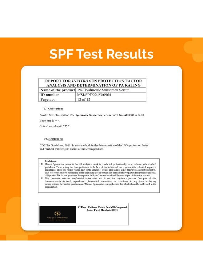 1% Hyaluronic Acid Sunscreen Serum with SPF 50 & PA+++ | Gives Broad Spectrum Protection & Helps Skin Glow | Lightweight & Non-Greasy Formula | 1.01 Fl Oz/30ml