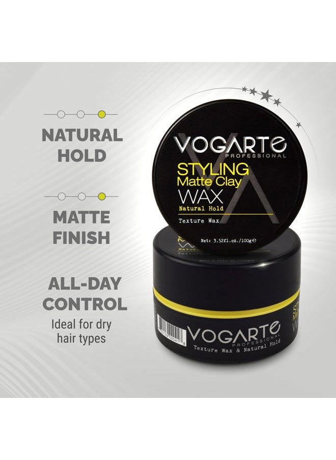 Hair Styling Matte Clay for Men, Strong Hold Zero Shine Hair Wax, Natural Textured Finish with Volume Boost, Water-Based Formula, No Residue, For Short & Medium Hair, 3.52 oz