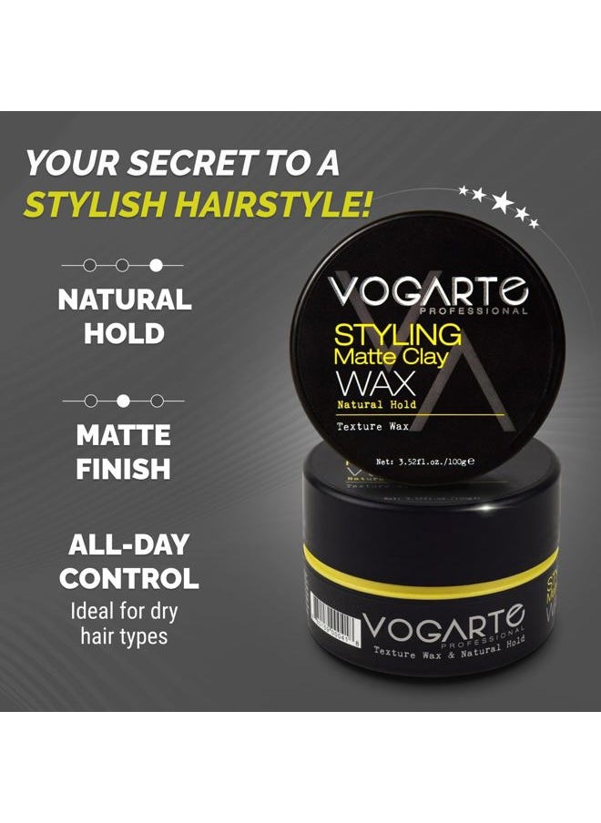 Hair Styling Matte Clay for Men, Strong Hold Zero Shine Hair Wax, Natural Textured Finish with Volume Boost, Water-Based Formula, No Residue, For Short & Medium Hair, 3.52 oz