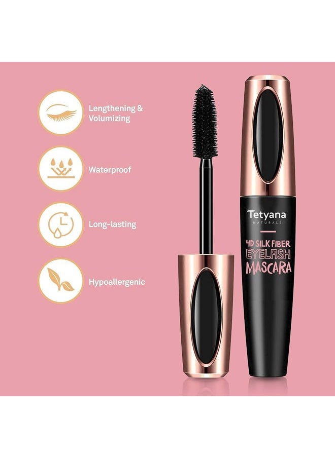 Mascara Black Volume and Length, 4D Silk Fiber Lash Mascara Waterproof, Smudge-proof, Hypoallergenic Formula for Your Longer, Thicker, Voluminous Eyelashes, 2 Pack