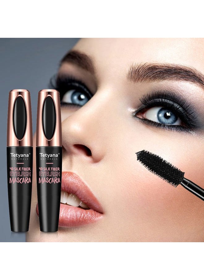Mascara Black Volume and Length, 4D Silk Fiber Lash Mascara Waterproof, Smudge-proof, Hypoallergenic Formula for Your Longer, Thicker, Voluminous Eyelashes, 2 Pack