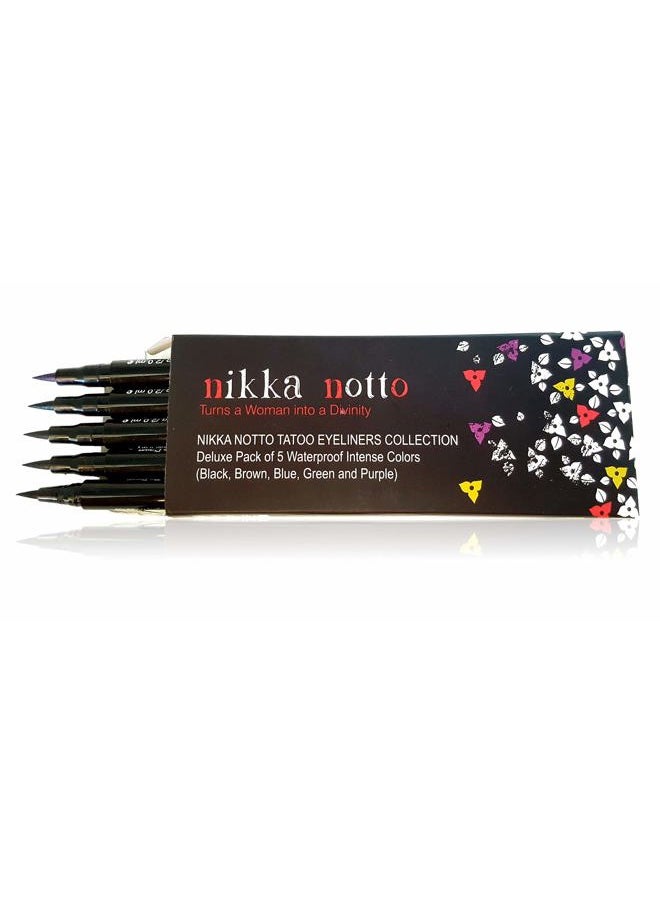 Liquid Eyeliner Waterproof Set of 5 Intense Satin Colors. Black, Brown, Blue, Green & Purple, Stay All Day, Smudge Free, Quick Dry, Smooth Application, Valentine's Gift for Her