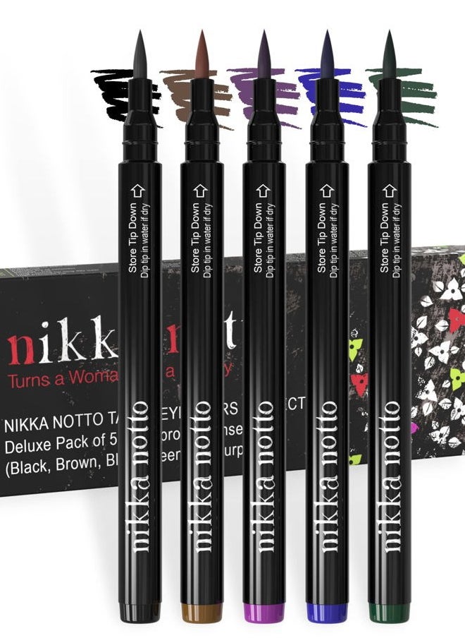 Liquid Eyeliner Waterproof Set of 5 Intense Satin Colors. Black, Brown, Blue, Green & Purple, Stay All Day, Smudge Free, Quick Dry, Smooth Application, Valentine's Gift for Her