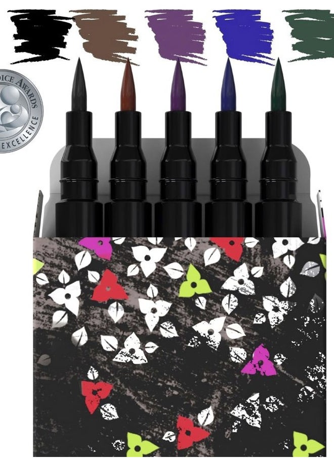 Liquid Eyeliner Waterproof Set of 5 Intense Satin Colors. Black, Brown, Blue, Green & Purple, Stay All Day, Smudge Free, Quick Dry, Smooth Application, Valentine's Gift for Her