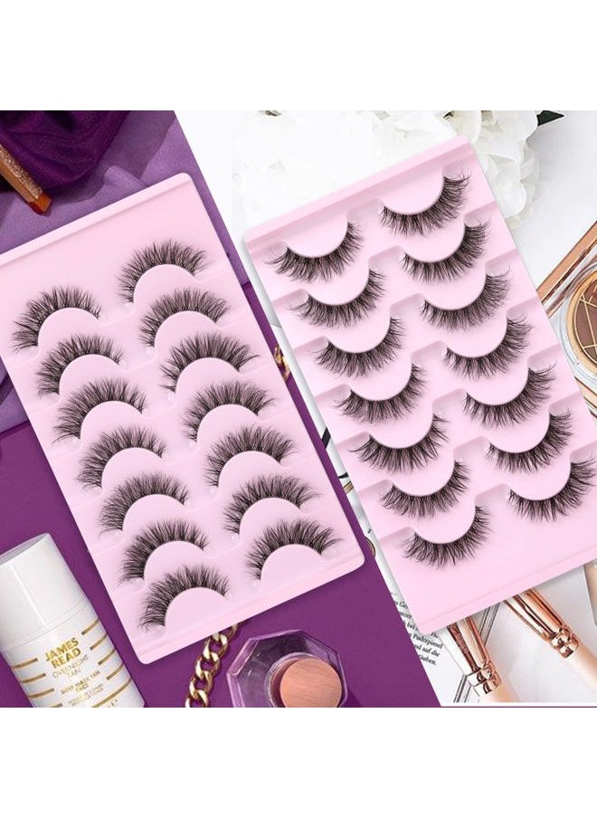 False Eyelashes with Clear Band 3D Fluffy Lashes Demi-wispies Natural Look Cat Eye Faux Mink Fluttery Eyelashes 15MM D Curl Eye Lashes Pack 7 Pairs