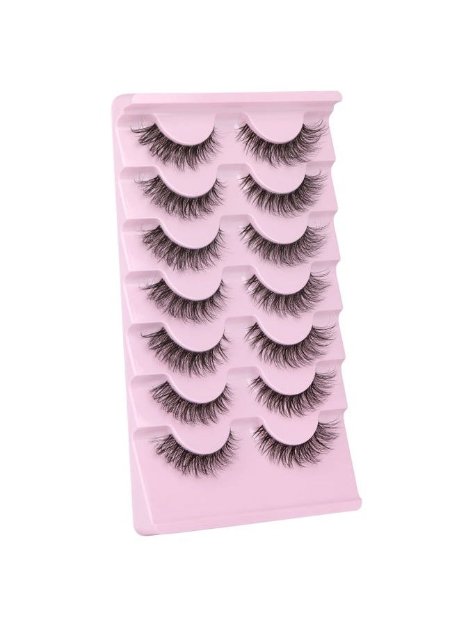 False Eyelashes with Clear Band 3D Fluffy Lashes Demi-wispies Natural Look Cat Eye Faux Mink Fluttery Eyelashes 15MM D Curl Eye Lashes Pack 7 Pairs