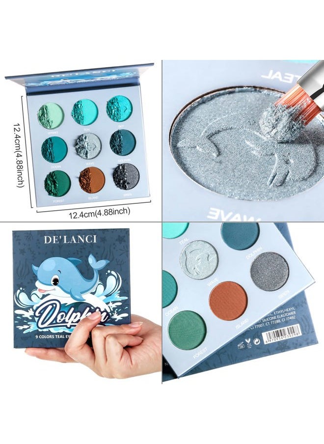 Blue Teal Eyeshadow Palette,Blue Green Teal Tone Eyeshadow Pallets,DE'LANCI Pro 9 Shades Matte Shimmer High Pigmented Waterproof Long Lasting Eye Shadow Cool Toned Makeup Palettes for Christmas
