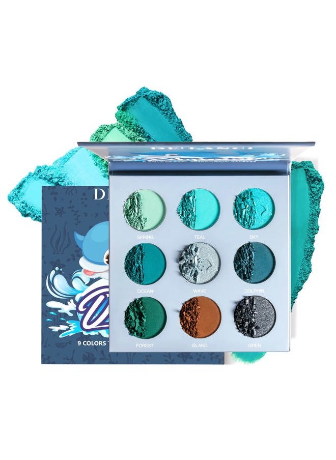 Blue Teal Eyeshadow Palette,Blue Green Teal Tone Eyeshadow Pallets,DE'LANCI Pro 9 Shades Matte Shimmer High Pigmented Waterproof Long Lasting Eye Shadow Cool Toned Makeup Palettes for Christmas