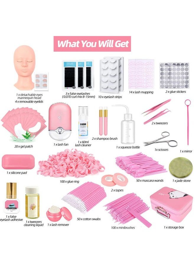 Lash Extension Kit Professional Eyelash Extensions Practice Set with Mannequin Head Removable Eyelids USB Lash Fan Individual False Eyelash Shampoo Brush Glue Practical Tools for Beginners
