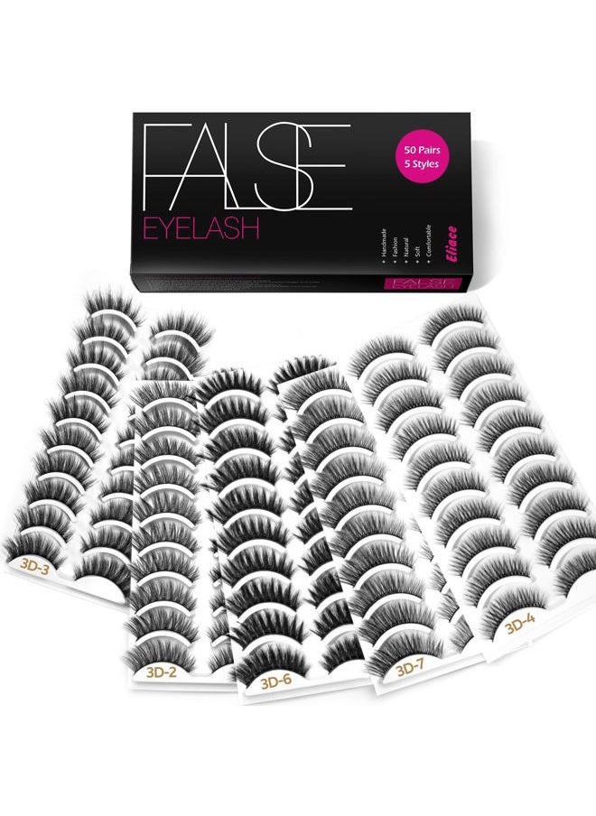 Eyelashes, (50 Pairs,5 Styles) Faux Mink Lashes Natural Look Wispy Fluffy Handmade Cat Eye False Lash Pack, False Eyelashes Set, Fake Lashes Strips, Gifts for her, Makeup Fake Eyelashes Pack