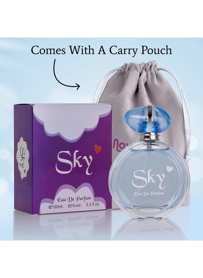 Sky for Women - 3.3 Fl Oz Eau De Parfum Spray - Long-Lasting Fruity Floral & Woody Scents Smell Sweet & Feminine All Day Includes Carrying Pouch Lovely Gift for Women on All Occasions