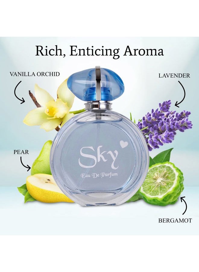 Sky for Women - 3.3 Fl Oz Eau De Parfum Spray - Long-Lasting Fruity Floral & Woody Scents Smell Sweet & Feminine All Day Includes Carrying Pouch Lovely Gift for Women on All Occasions