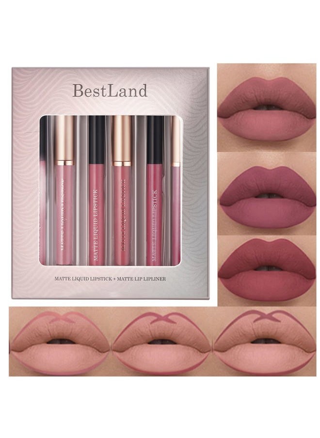 6Pcs Matte Liquid Lipstick and Lip Liner Set, Non-Stick Cup Not Fade Waterproof 24 Hour Lip Gloss Nude Brown Lip Liner Pencil for Women, labiales mate 24 horas originales (Set C)