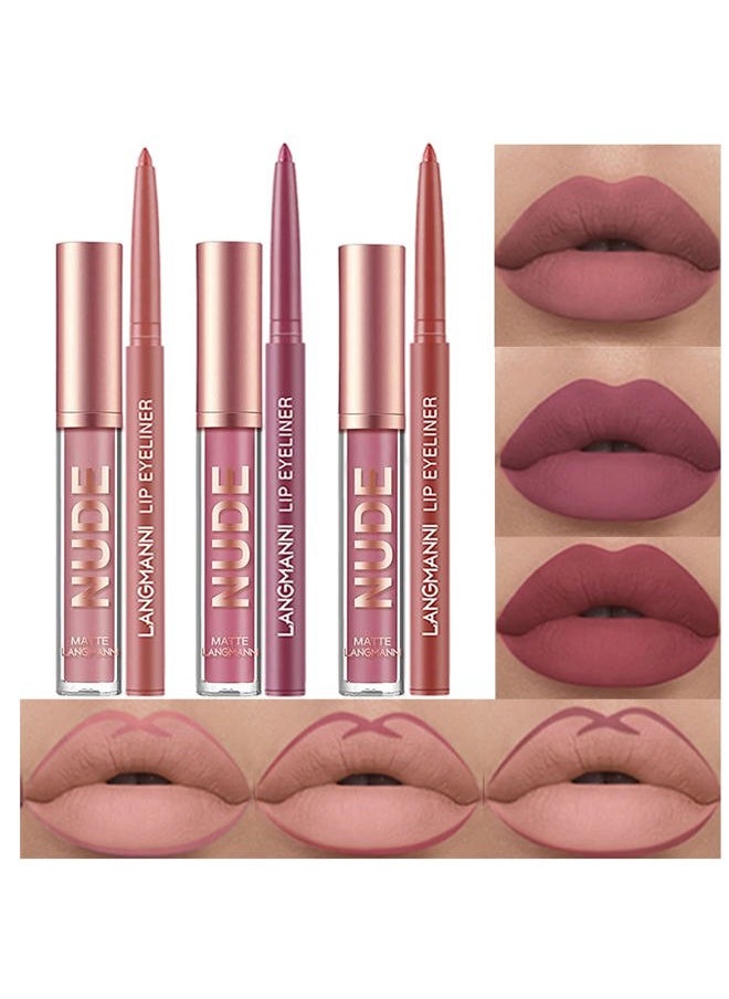 6Pcs Matte Liquid Lipstick and Lip Liner Set, Non-Stick Cup Not Fade Waterproof 24 Hour Lip Gloss Nude Brown Lip Liner Pencil for Women, labiales mate 24 horas originales (Set C)