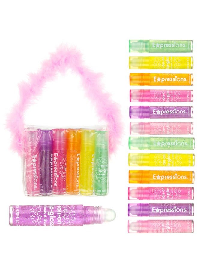 12pc Roll On Lip Gloss Set w/Maribou Handle Carrying Case, Lip Makeup for Kids and Teens - Assorted Fruity Flavors, Non Toxic, Kid Friendly, Party Gift, Best Friends