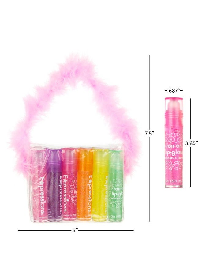 12pc Roll On Lip Gloss Set w/Maribou Handle Carrying Case, Lip Makeup for Kids and Teens - Assorted Fruity Flavors, Non Toxic, Kid Friendly, Party Gift, Best Friends