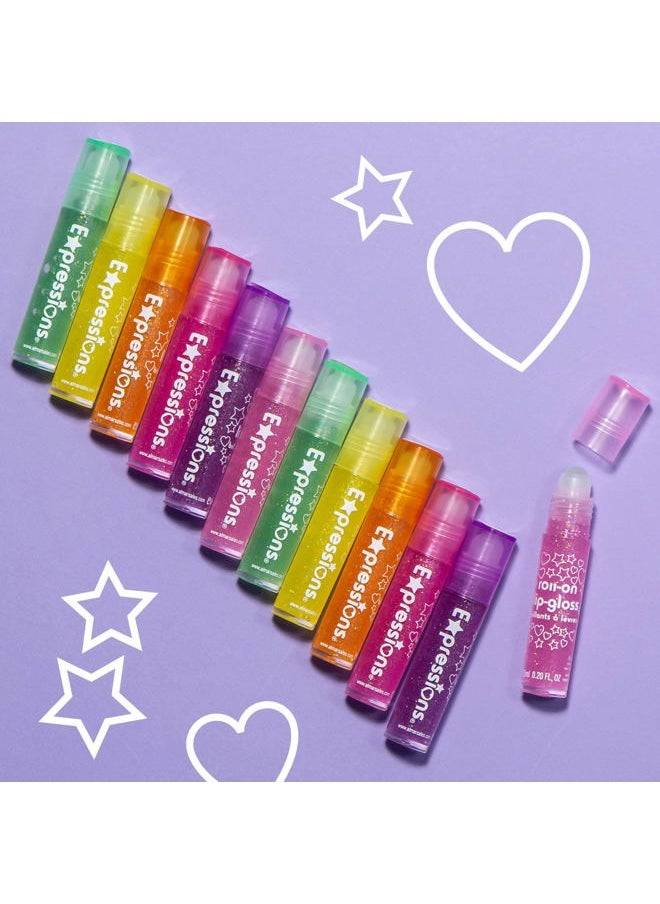 12pc Roll On Lip Gloss Set w/Maribou Handle Carrying Case, Lip Makeup for Kids and Teens - Assorted Fruity Flavors, Non Toxic, Kid Friendly, Party Gift, Best Friends