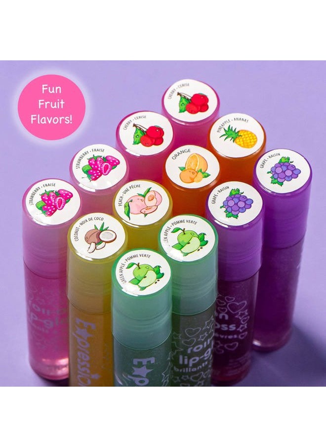 12pc Roll On Lip Gloss Set w/Maribou Handle Carrying Case, Lip Makeup for Kids and Teens - Assorted Fruity Flavors, Non Toxic, Kid Friendly, Party Gift, Best Friends