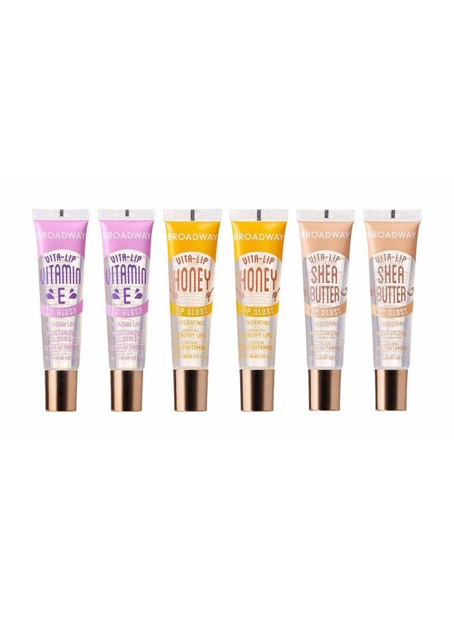6 pcs Broadway Vita-Lip Gloss High Shine Long Lasting 2 Honey + 2 SHEA BUTTER + 2 Vitamin E Oil by RubyKisses Cosmetics