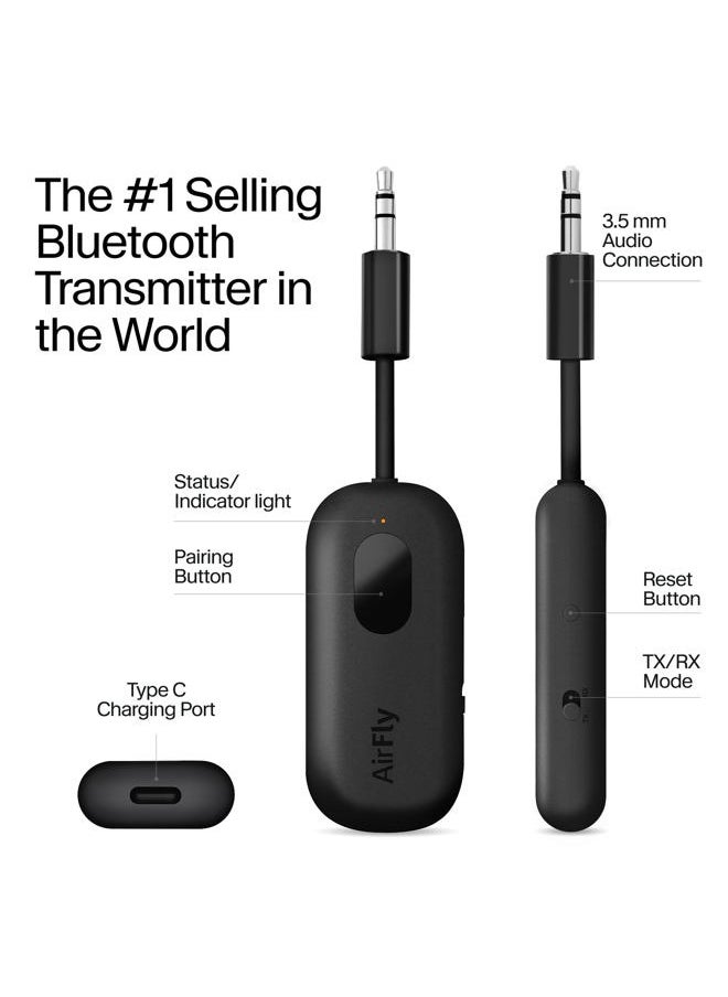 AirFly Pro Bluetooth Wireless Audio Transmitter/Receiver for up to 2 AirPods/Wireless Headphones; Use with Any 3.5 mm Audio Jack, Black